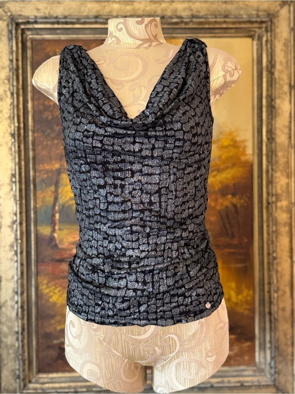 Vintage Armani Exchange Black and Gray textured cowl neck sleeveless top. Small